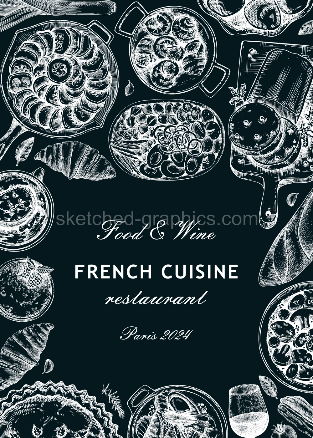 French food frame design on chalkboard. Vintage food and wine sketches. European restaurant menu template. France background. Hand-drawn vector illustration, NOT AI generated Illustration